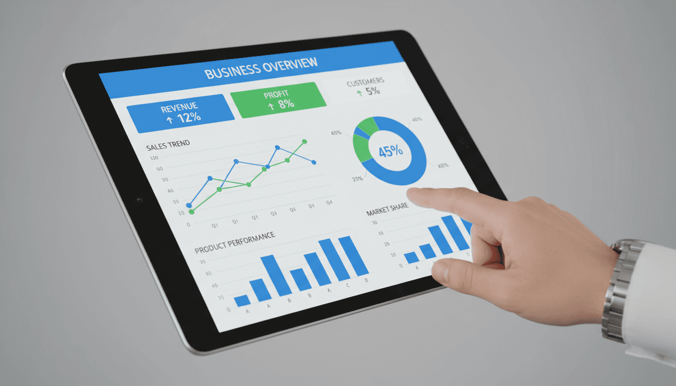 Close-up of interactive analytics dashboard on tablet showing key business metrics