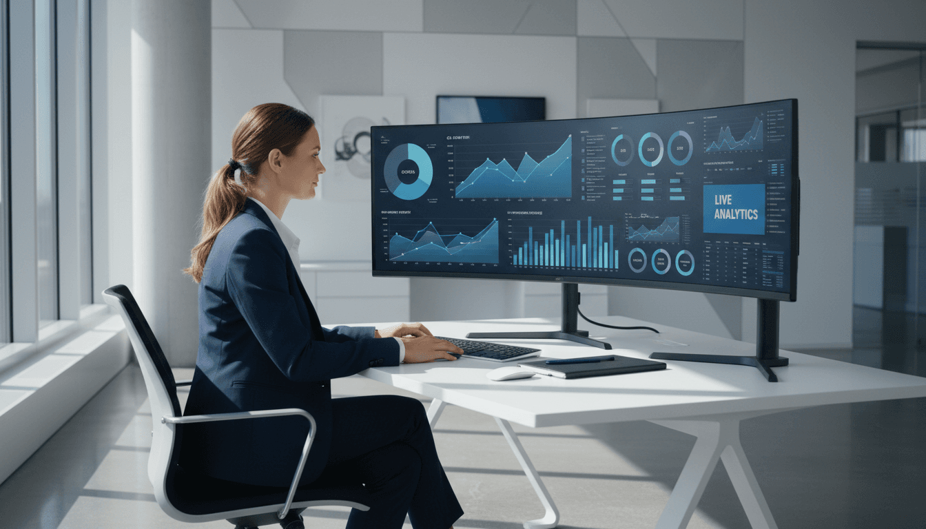 Business analyst reviewing data dashboards on dual monitors
